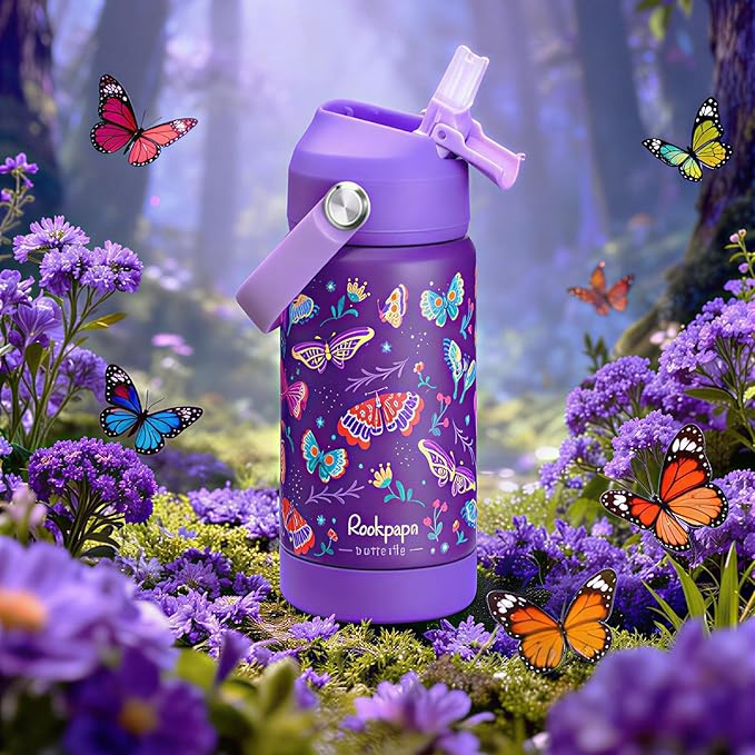 rockpapa 14 oz Kids Insulated Water Bottle，Stainless Steel Toddler Cups with Straws, BPA Free, Leak-Proof, Kids Water Bottle for School Boys& Girls (Purple Butterfly)