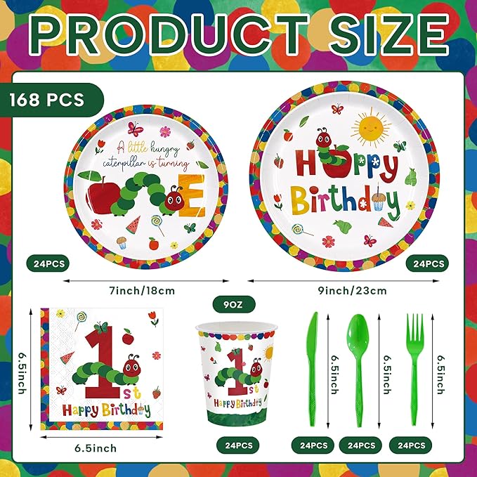 168Pcs Caterpillar 1st Birthday Party Supplies Green Insect Plates Napkins Disposable Tableware Set Hungry Bug Party Decoration for Kids Birthday Baby Shower Serve 24