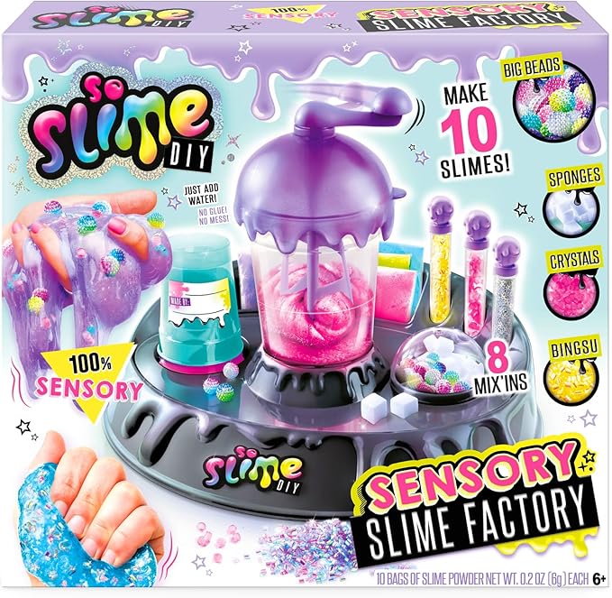 So Slime DIY Sensory Factory; Makes 10 Slimes; No Glue; No Mess; Sensory Mix’ins to Create ASMR Feels; Just Add Water and Turn The Crank; Slime Storage Containers Included