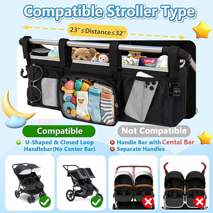 Double Stroller Organizer for Bob Duallie Jogger City Mini GT2 and Jeep, Double Baby Stroller Caddy Accessories with 2 Cooler Pockets, Heavy Duty Parent Double Jogging Stroller Organizer (Empty Bag)