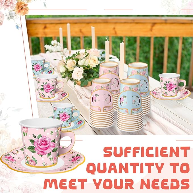 Umigy 36 Sets Mother's Day Tea Party Decorations 9 oz Floral Paper Teacups & Saucer Set for Girls Women Tea Parties Mothers Day Bridal Shower Wedding Birthday Party Decorations(Blue Pink)