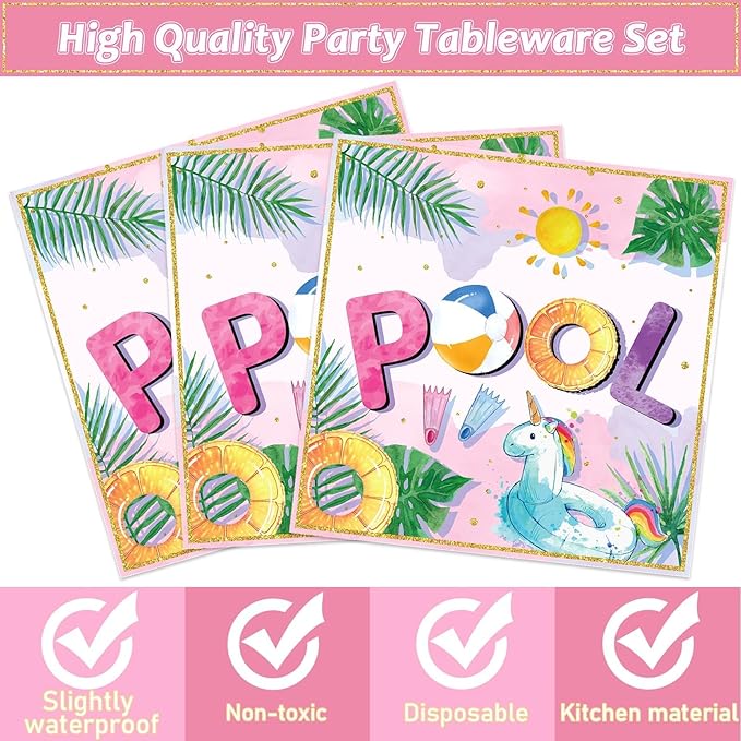 96Pcs Pink Pool Party Plates and Napkins Summer Beach Birthday Party Supplies Ball Theme Flamingos Unicorns Dessert Plates Forks Tableware Disposable for 24 Guests Girls Hawaii Birthday Decorations
