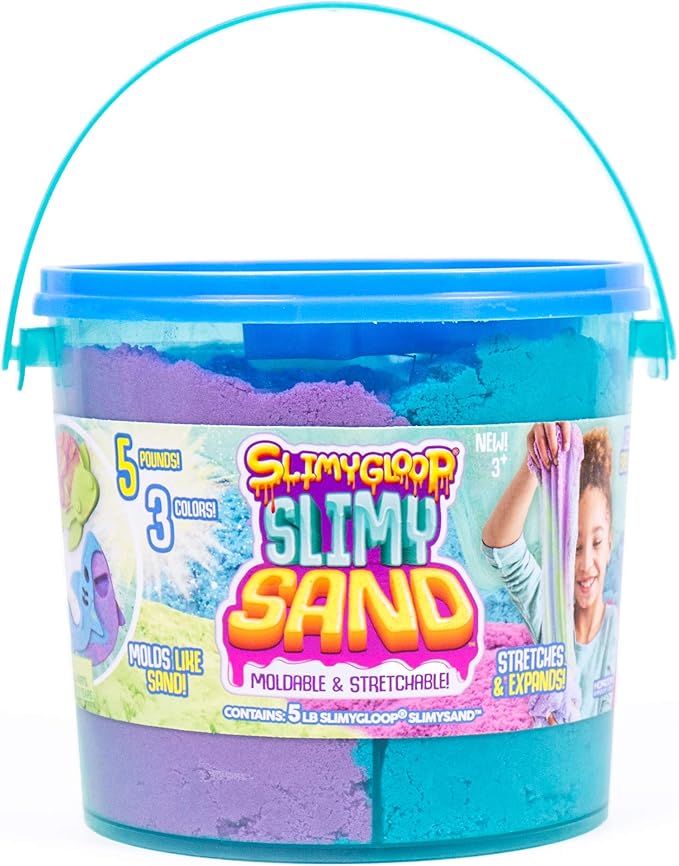 SLIMYSAND Bucket - 5 Pounds of Slimy Sand in 3 Colors (Blue, Green, Purple) - Cotton Candy Sand Play Set with 3 Molds and Reusable Bucket for Storage - Super Stretchy & Moldable Cloud Slime