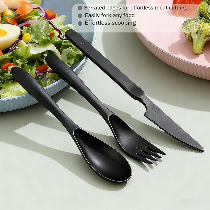 3 Sets Camping Utensils Set with Case, Wheat Straw Travel Cutlery Set, Portable Knife Fork Spoon for Lunch Box, Picnic, Work, Daily Use, Reusable BPA Free Tableware