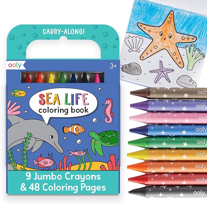 Ooly Travel Art Kit with 9 Jumbo Crayons & 48 Themed Coloring Pages & Case for Easy Traveling Art Creation, Perfect Airplane & Road Trip Activities for Kids - Sea Life