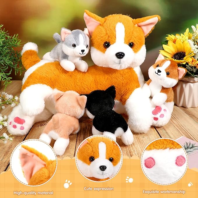 Honoson Nurturing Dog Mommy Plush Set with 4 Baby Puppies Soft Cute Dog Themed Stuffed Plush Toys for Kids Girls Boys Easter Birthday Gifts(Corgi)