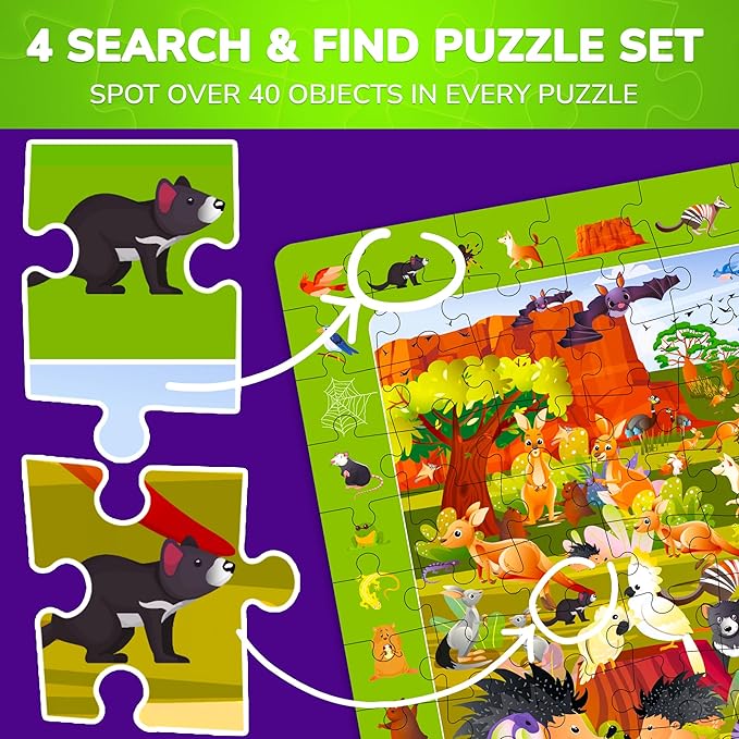 QUOKKA 100 Piece Puzzles for Kids Ages 4-6 – 4xSET Jigsaw Puzzles for Kids Ages 6-8 – Educational Search & Find Game with Animals, Cars for Childrens 5-8 – Toddler Learning Toy Gift for Boys and Girls