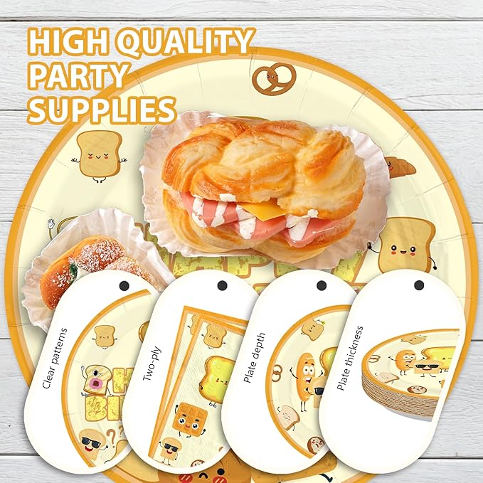 96Pcs Toast Bread Birthday Party Supplies Breakfast Bread Plates and Napkins Disposable Toast Food Theme Tableware Set for Kids Happy Birthday Party Decorations Serves 24