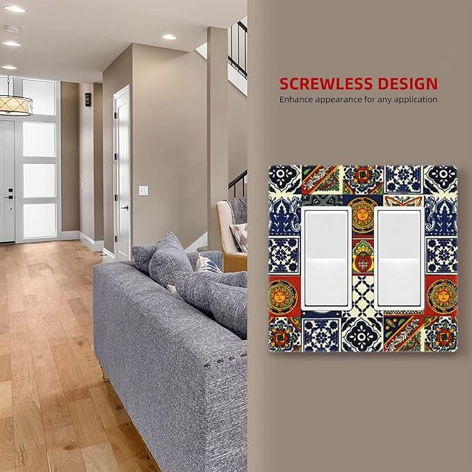 Mystic Aesthetic Blue/Red Boho Sun Moon Tile 2 Gang Double Decorator GFCI/Rocker Wall Plate Mexican Talavera Bohemian Tiles Electrical Outlet Decorative Receptacle Cover Light Switch for Dimmer, USB