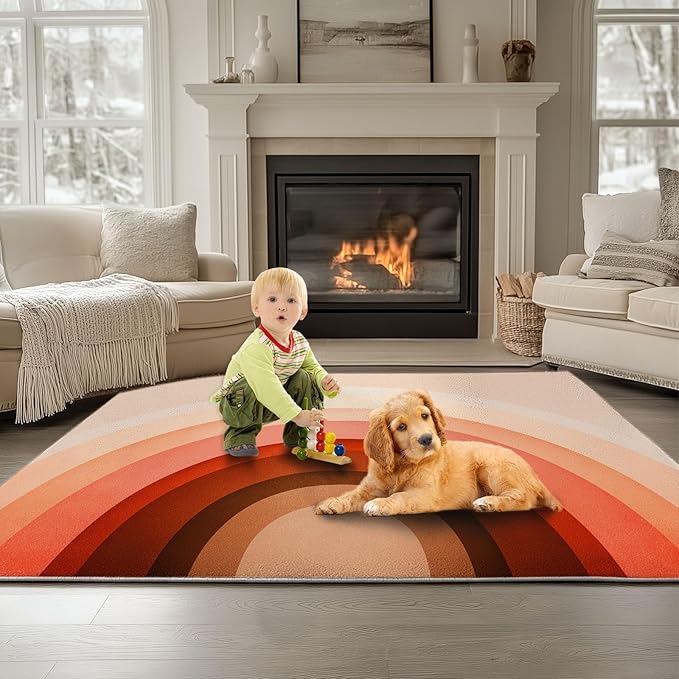 Living Room Area Rugs Geometric Arch Rainbow 2 x 3 ft Non Slip Area Rug, Pink Soft Low-Pile Durable Washable Floor Carpet Bedroom Dining Room Home Office Carpet Mat