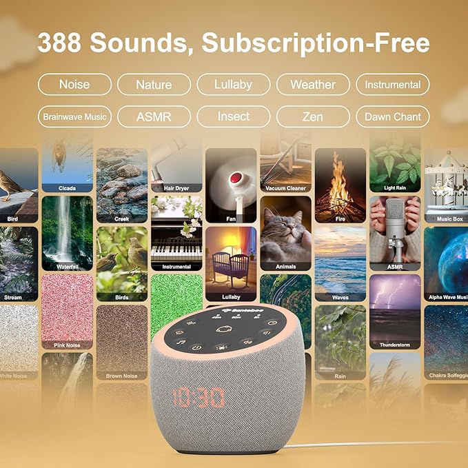 Santebee White Noise Sound Machine for Sleeping, 388 Soothing Sounds, Cocoon Pro 2 Smart APP Control, Custom Buttons Bedside Dimmable Alarm Clock Night Light, for Adults Baby Kids Lullaby