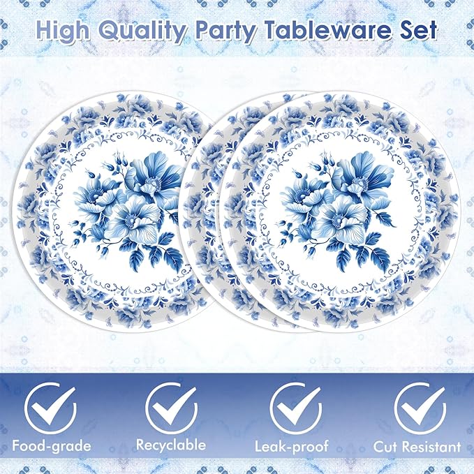 40 PCS Floral Birthday Decorations Blue and White Flower Theme Disposable Tableware Blue Plates and Napkins Party Supplies for Wedding Baby Shower Bridal Shower Holiday Birthday Party Supplies