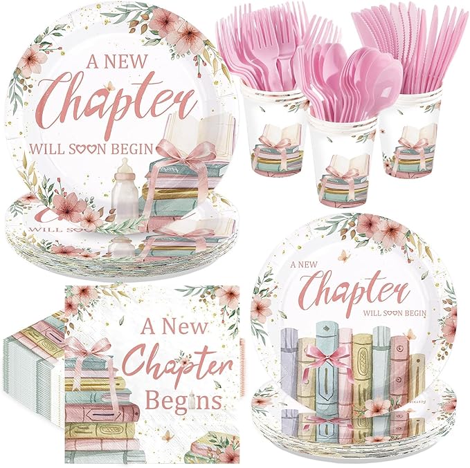 168Pcs A New Chapter Is About to Begin Baby Shower Decoration Storybook Plates Napkins Cups Forks Knives Spoons Pink Book Theme Paper Tableware for Gilrs Newborn Baby Shower Supplies Serves 24