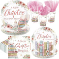 168Pcs A New Chapter Is About to Begin Baby Shower Decoration Storybook Plates Napkins Cups Forks Knives Spoons Pink Book Theme Paper Tableware for Gilrs Newborn Baby Shower Supplies Serves 24
