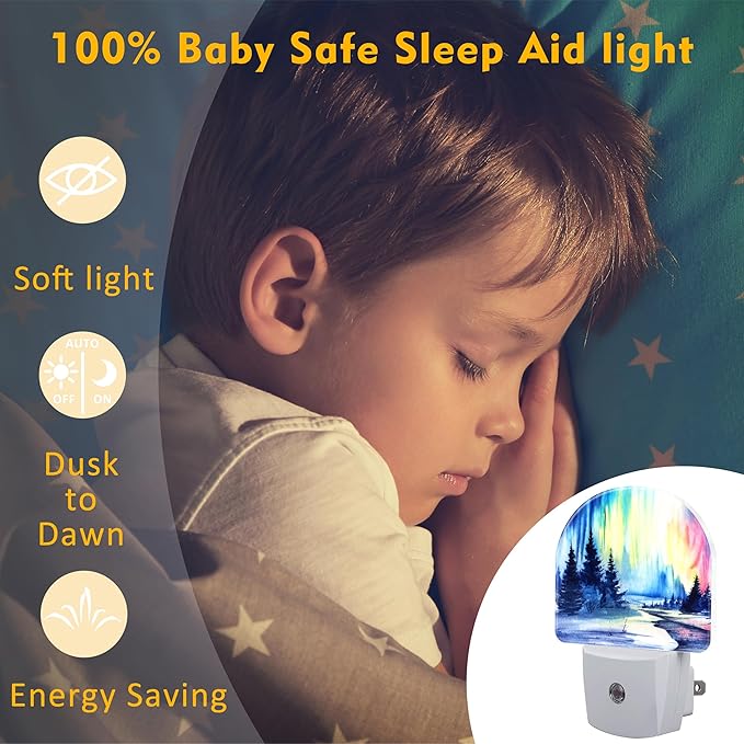 Northern Lights and Forest Night Light for Kids,Winter Aurora Borealis Fir Trees Plug in Night Light with Dusk to Dawn Sensor, 0.5w Energy Saving Nightlight for Hallway Stairway Kitchen Bedroom