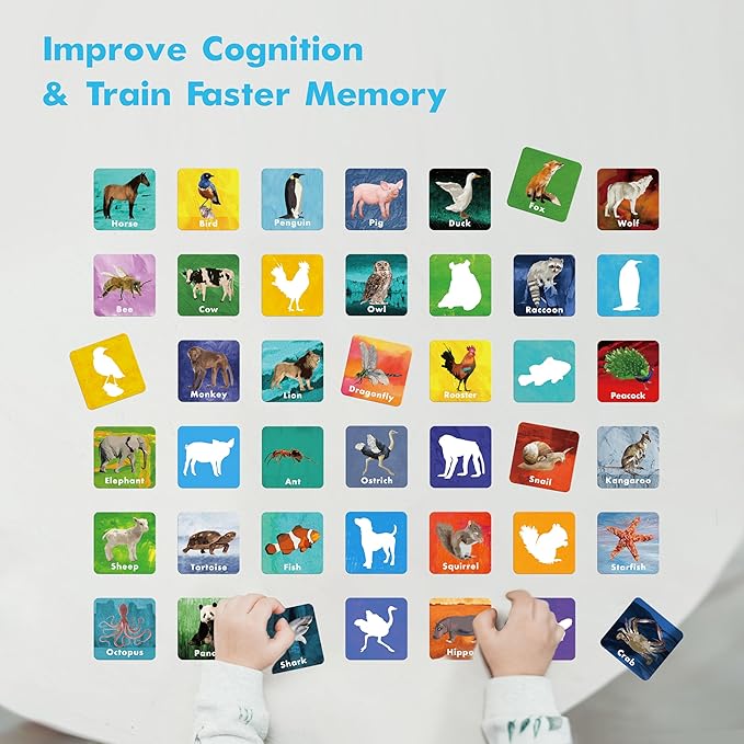 Hebayy 108 PCS Memory Matching Game, 72 Animal Cards & 36 Shadow Cards Matching Cards 36 Pairs Real Animal for Toddlers, Preschool, Kids 4 5 6 Years Old (2” x 2”)