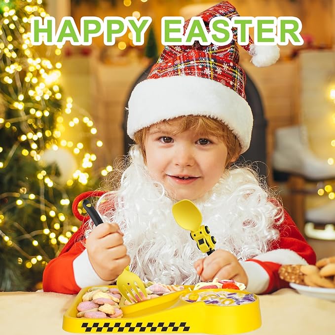 Deinyi Construction Toddler Plates - Construction Utensils for Toddlers - Easter and Birthday Gift Toddler Utensils for 1 2 3 4 5 6 7 year - Yellow