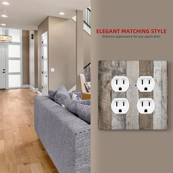 Natural Grey Wood Vintage Faux Wood Grain Outlet Covers 2 Gang Double Duplex Decorative Light Switch Covers Electrical Wallplates Socket Faceplate for Farmhouse Home Decor
