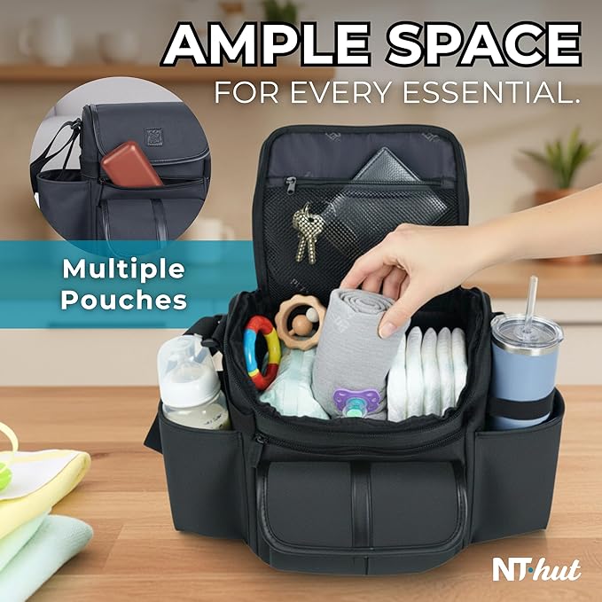 NT·hut Baby Stroller Organizer, Stroller Caddy Bag with 2 Wide Cup Holders & Bottle Straps, Universal Strap Fit, Fits 11" Tablet, Magnetic Pocket, Zipper & Mesh Pockets, Water Resistant 600D (Black)