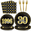 96PCS 30th Theme Birthday Party Tableware Vintage 1996 Party Supplies 30 Year Old Birthday Decorations Plates Napkins Forks Black and Gold Dinnerware Favors for Men or Women