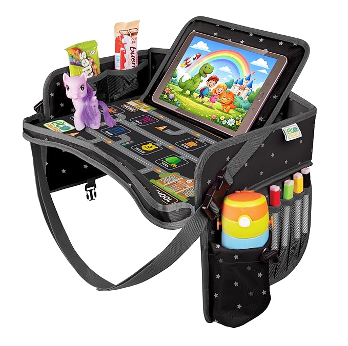 Kids Travel Tray - Waterproof Lap Table with No-Drop Large Tablet Holder - Car Seat Tray - Road Trip Essentials Kids - Car Desk Organizer for Airplane - Toddler Travel Essentials