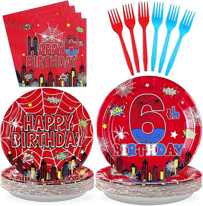 Grencian 96Pcs Cartoon Spider 6th Birthday Party Decorations Red Blue Spider Birthday Party Plates and Napkins Disposable Super Theme Tableware Set for 6 Year Old Boys Party Decorations Serves 24