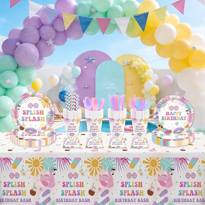 MEHOFOND Splish Splash Birthday Party Supplies Tableware Set 193 Pcs, Summer Pool Party Disposable Plates Cups Napkins Cutlery with Plastic Tablecloth for Girls Tropical Birthday Party
