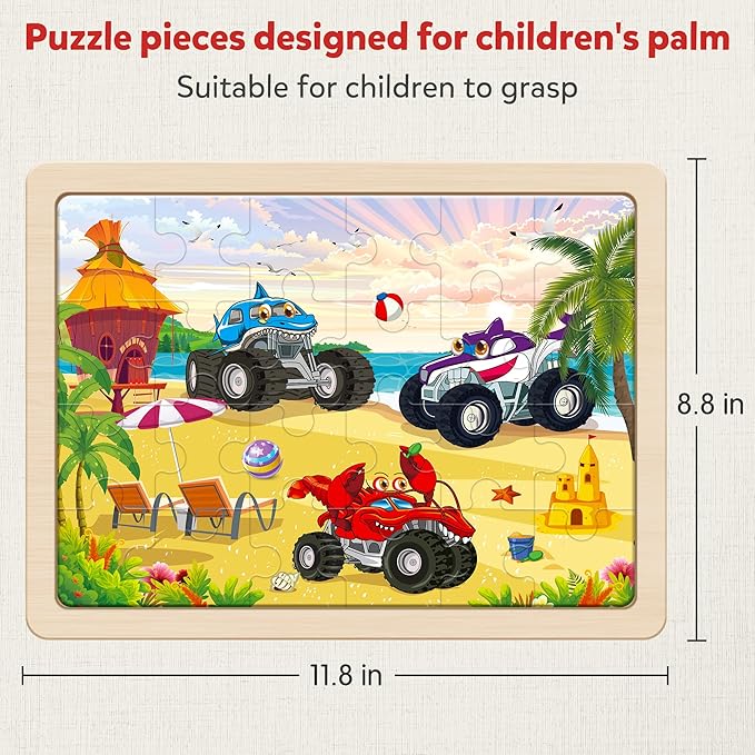 SYNARRY Large Wooden Monster Truck Puzzles for Kids Gift Box(12.2*9.4 in), 24 Piece Puzzles for Toddlers 3-5, Wood Jigsaw Puzzles for Kids Ages 4-6, Easter Basket Stuffers Gifts for Kids