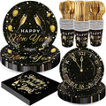 168pcs Happy New Year Party Supplies, Black and Gold Paper Plates Napkins Cups and Gold Cutlery for 24 Guests, 2026 New Year Disposable Tableware Supplies for Party Decorations