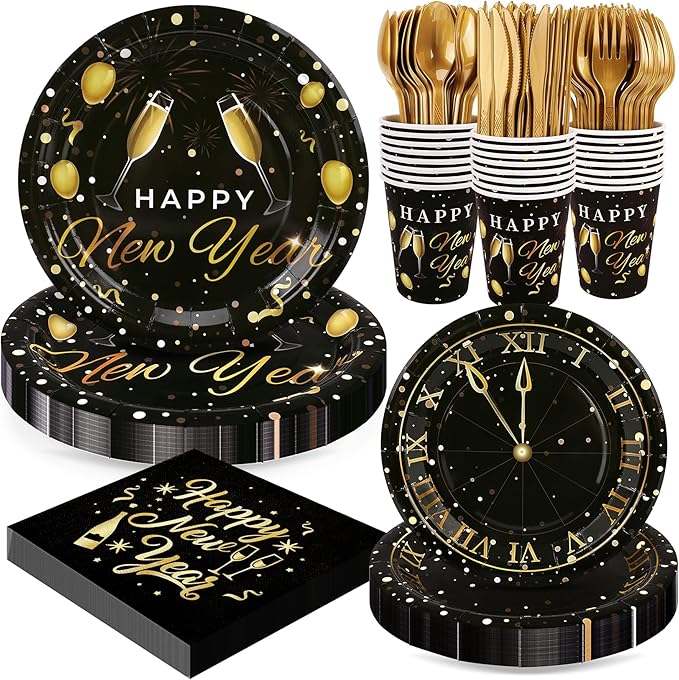 168pcs Happy New Year Party Supplies, Black and Gold Paper Plates Napkins Cups and Gold Cutlery for 24 Guests, 2026 New Year Disposable Tableware Supplies for Party Decorations