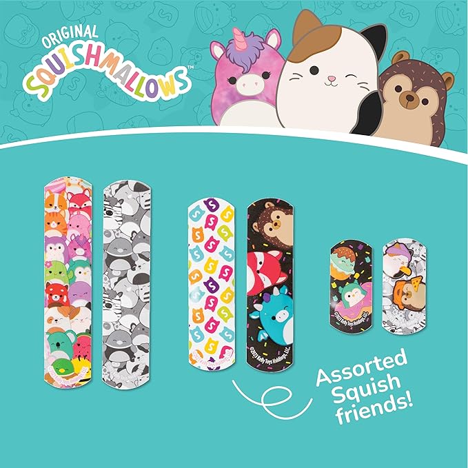 Smart Care Squishmallow Bandage Kit, Cute Bandages for Kids, Infants & Children, Latex-Free, Assorted Variety Pack with Travel Size Tin Case, 100CT
