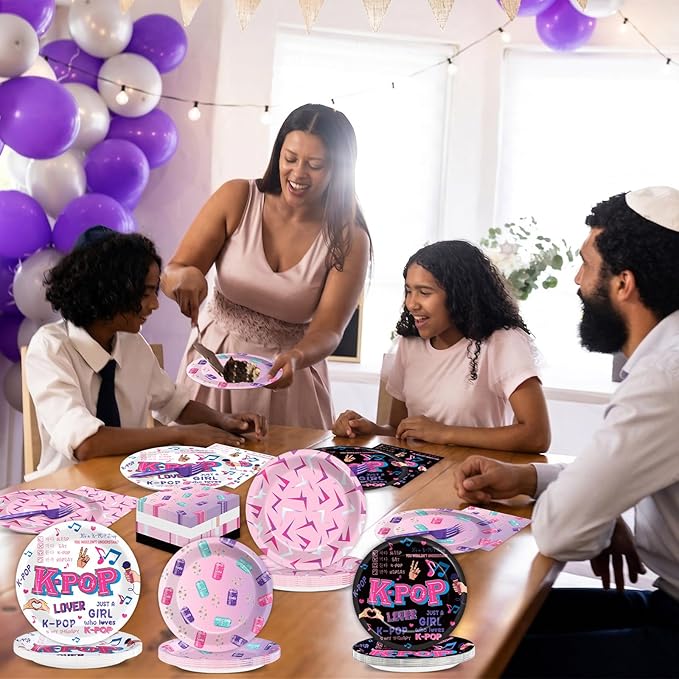 96pcs Kpop Party Paper Plates and Napkins Kpop Girl Party Decorations Music Star Disposable Dessert Plates Music Singer Demon Tableware Set Serves 24 Guests Boys Girls Kids Teenagers Birthday Supplies