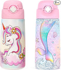 Girls Insulated Water Bottle with Covered Pop-Up Straw,16 oz Kids Cups with Stainless Steel Leak Proof for School（2 pack,Unicorn+Mermaid）