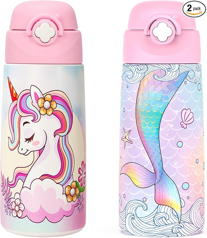 Girls Insulated Water Bottle with Covered Pop-Up Straw,16 oz Kids Cups with Stainless Steel Leak Proof for School（2 pack,Unicorn+Mermaid）