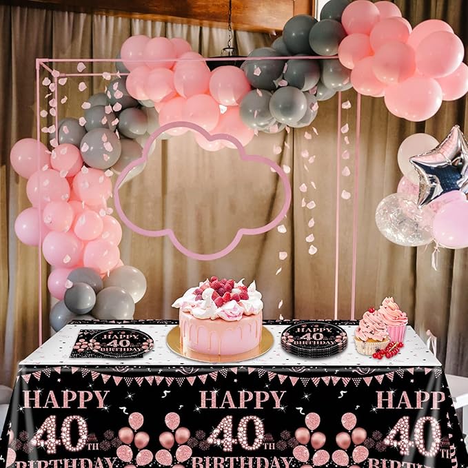 41Pcs 40th Birthday Decorations for Women, Vintage 40 Birthday Black and Rose Gold Disposable Paper Plates and Napkins Party Supplies for 20 Guests, 41Pcs Include 7" Plates Napkins and Tablecloth