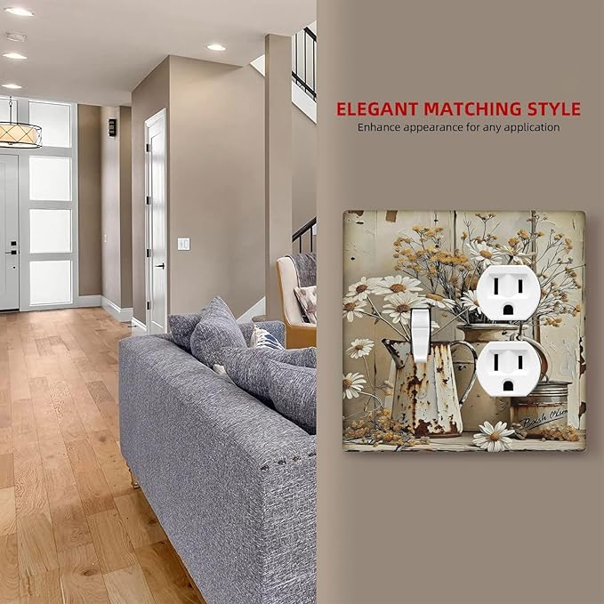 Rustic Flowers Daisy Floral White Wooden Planks Wallplates 1 Toggle 1 Duplex Switch Plate Electrical GFCI Faceplate Decorative Light Switch Covers for Farmhouse Home Decor