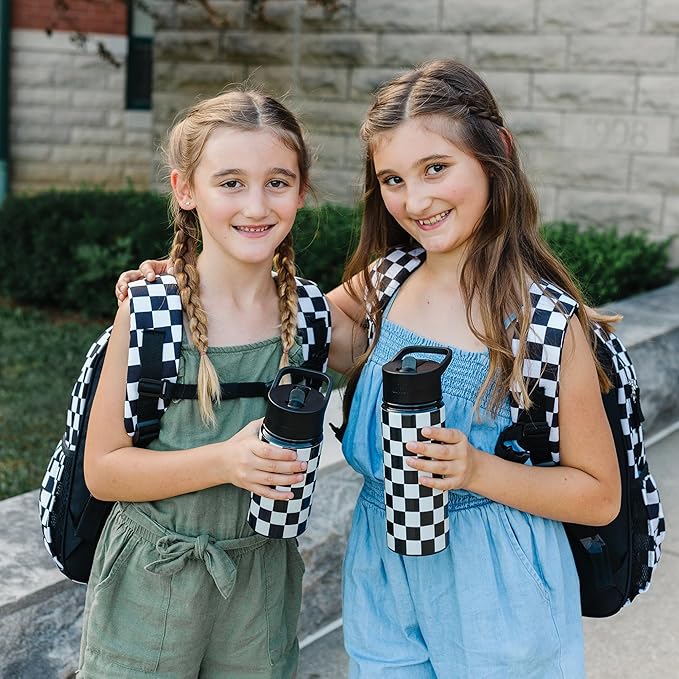 Wildkin Kids 18oz Stainless Steel Water Bottle – BPA-Free, Leakproof, Insulated, Easy-Clean - Black and White Checkered