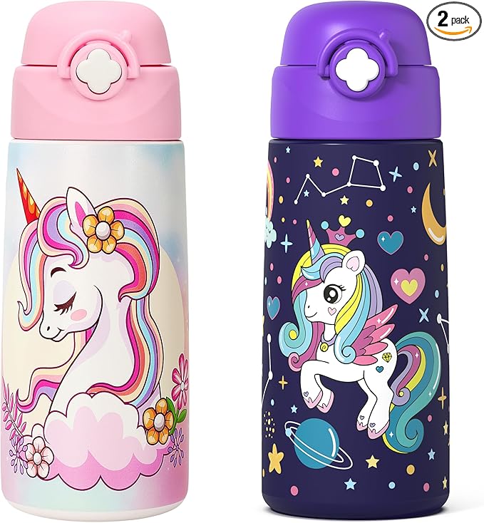 Girls Insulated Water Bottle with Covered Pop-Up Straw,16 oz Kids Cups with Stainless Steel Leak Proof for School（2 pack,Unicorn+Unicorn）