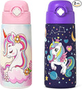 Girls Insulated Water Bottle with Covered Pop-Up Straw,16 oz Kids Cups with Stainless Steel Leak Proof for School（2 pack,Unicorn+Unicorn）