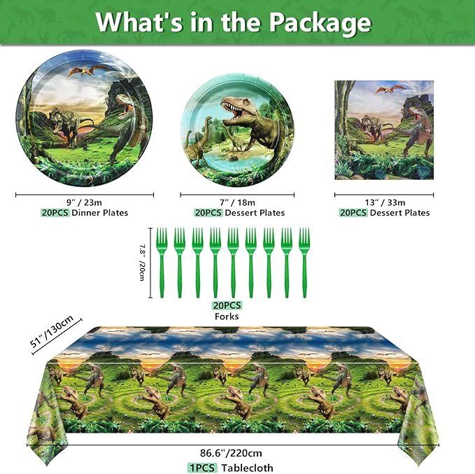 Dinosaur Birthday Decorations - 81Pcs Dinosaur Paper Tableware Set Including Plate, Napkins, Dino Tablecloth for Kids Boys Birthday Supplies, Serve 20