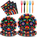 100PCS Mexican Fiesta Party Plates and Napkins Party Supplies Mayo Mexico Mexican Tableware Dinnerware Set Decorations for Dia De Los Muertos Day of The Dead Dance Pinata Colorful Ponchos Serves 25