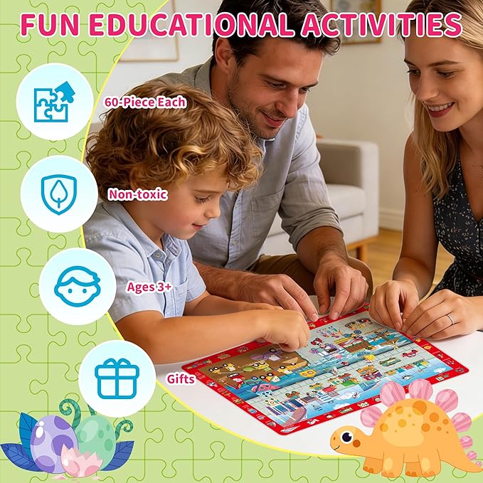 Puzzles for Kids Ages 4-6, 4 x 60 Piece Search and Find Puzzles for Kids Ages 3-5 Boys Girls, Educational Toys Gifts for 3-8 Year Old, Jungle Dinosaur Ocean City