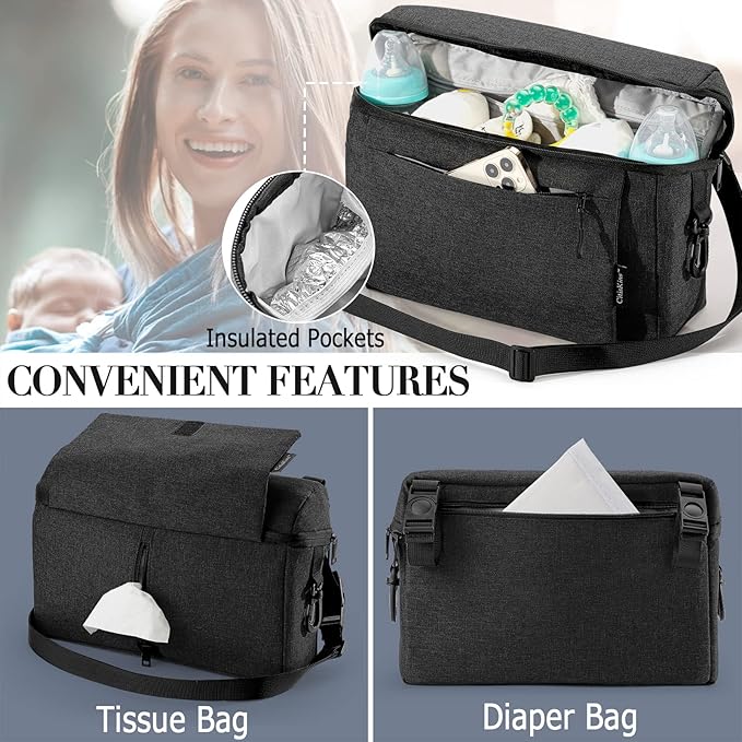 Universal Baby Stroller Organizer Large Space with Insulated Cup Holder Detachable Diaper Bag Adjustable Shoulder Strap Fits All Strollers (black)
