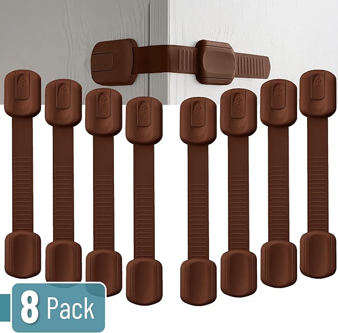 Bates- Child Safety Strap Locks, 8 Pack, Brown, Child Locks for Cabinets and Drawers