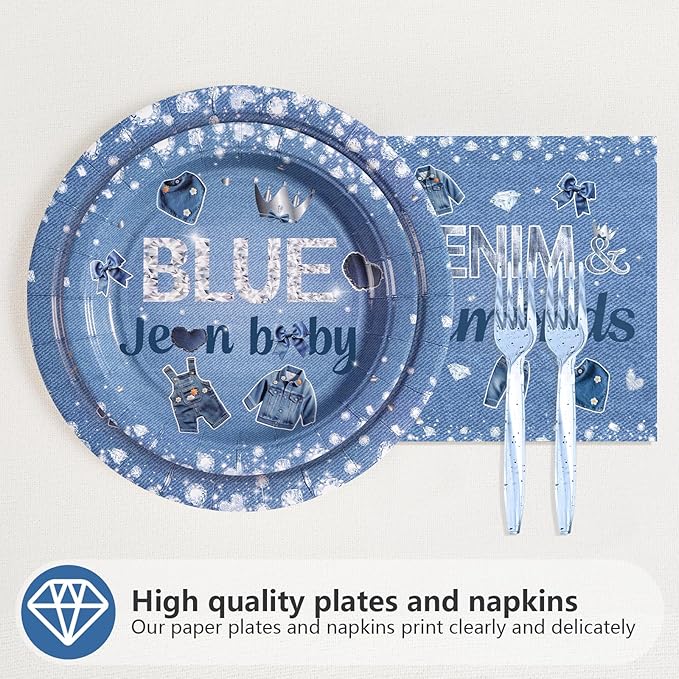 96Pcs Blue Jean Baby Shower Decorations Denim and Diamonds Birthday Plates and Napkins Tableware Sets A Little Denim Baby is on the Way Decorations for Kids Boys Blue Jeans Birthday Supplies Serves 24