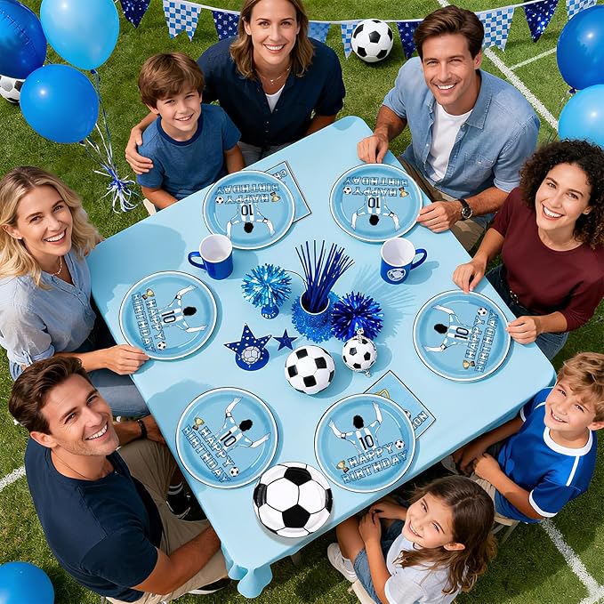 96Pcs Blue Soccer Birthday Party Supplies Blue Soccer Star Plates and Napkins Football Champion Themed Tableware Set for Sports Fans Football Theme Birthday Party Supplies，Serves 24