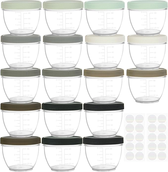 Youngever 18 Sets Baby Food Storage, 4 Ounce Plastic Baby Food Containers with Lids, 9 Urban Colors, with Lids Labels