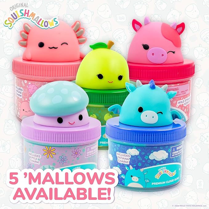 Original Squishmallows Pyle The Mushroom Premium Cloud Slime, Grape Scent, 8 oz. Jar Storage Container with Figurine Topper, Rubber Charm, Goodie Bags Stuffers, Kids Party Favors, Sensory Toys