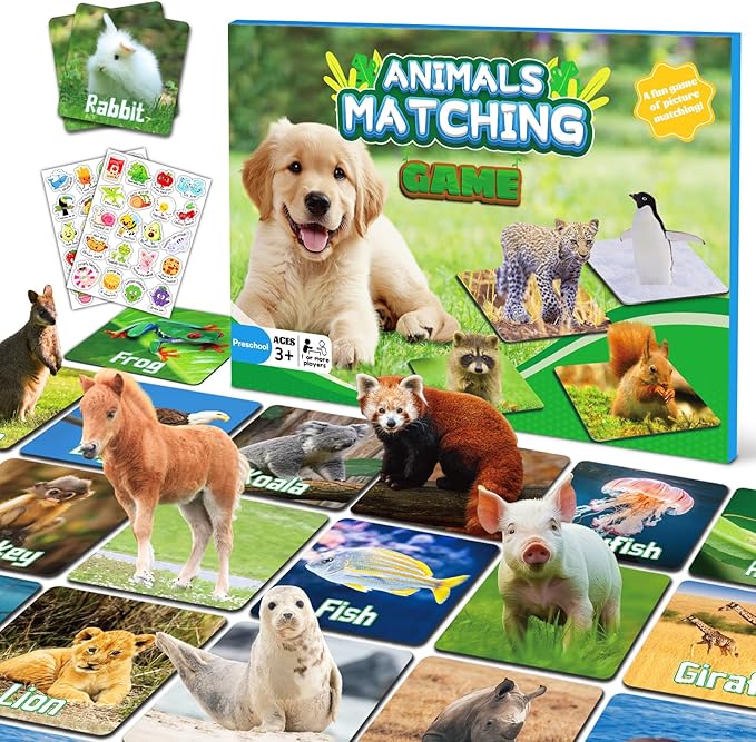 zheyistep 100 PCS Animal Matching Game for Kids Toddlers Memory Game, Animal Match Game Concentration Card Game for Boys Girls Preschool Learning Activities