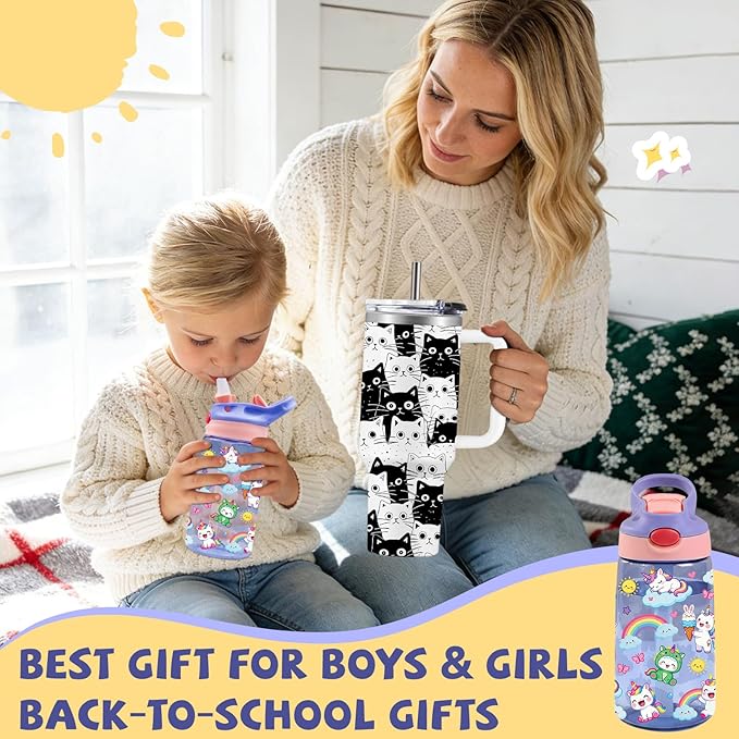 14oz Unicorn Kids Water Bottle with Straw - Rainbow Water Bottle For School, Leakproof, Lightweight, Durable Plastic Bottles for Kids Travel, Pop-Up Straw Cover, Gift Cup for Girls (Unicorn)